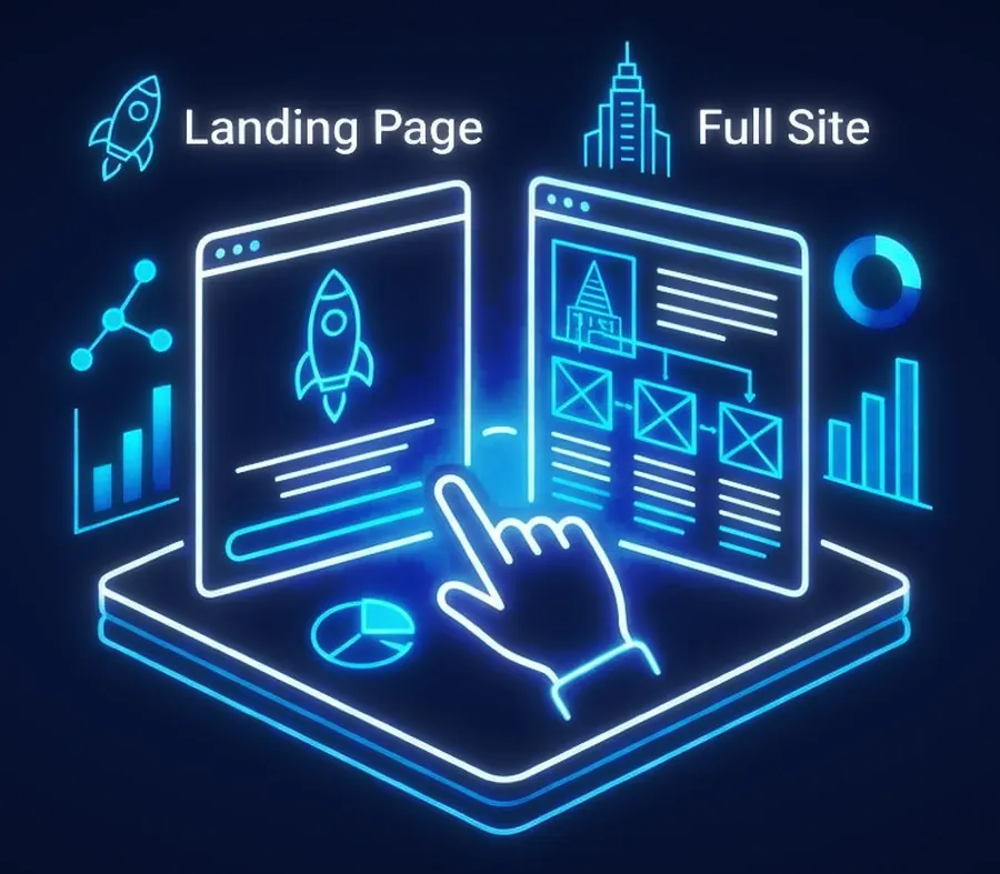Ilustración de las opciones de plan: Landing Page o Sitio completo