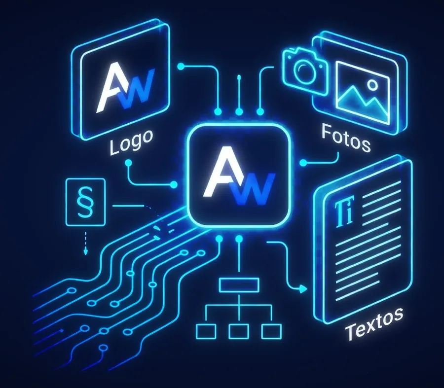Ilustración del logo, las fotos y los textos organizados para tu web